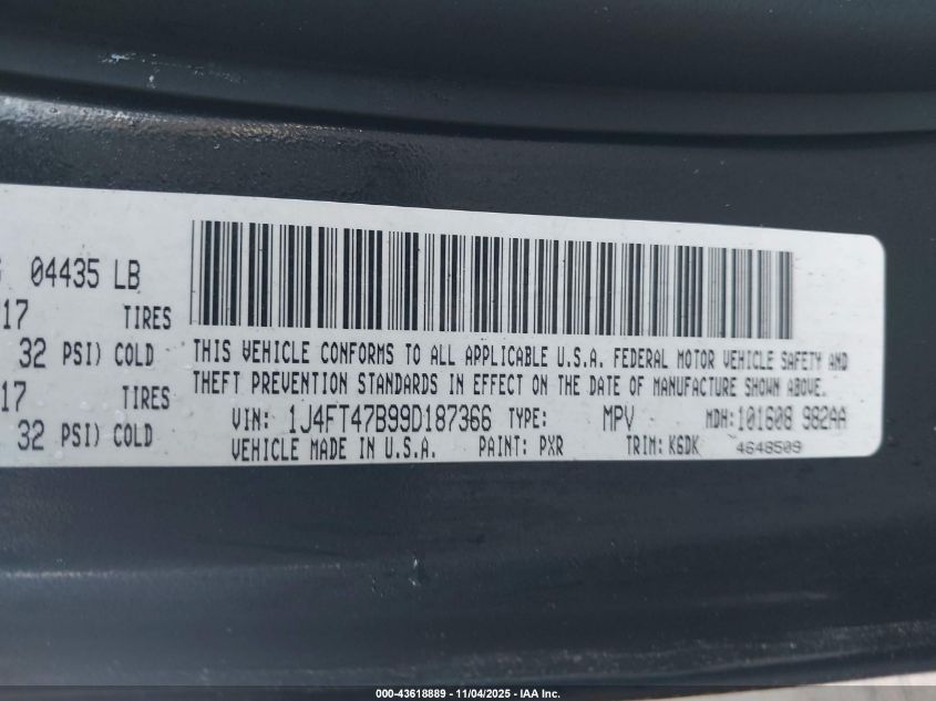 2009 Jeep Compass Sport VIN: 1J4FT47B99D187366 Lot: 43618889