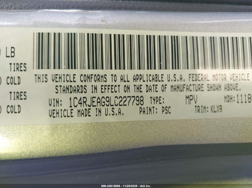 2020 Jeep Grand Cherokee Altitude 4X2 VIN: 1C4RJEAG9LC227798 Lot: 43618906