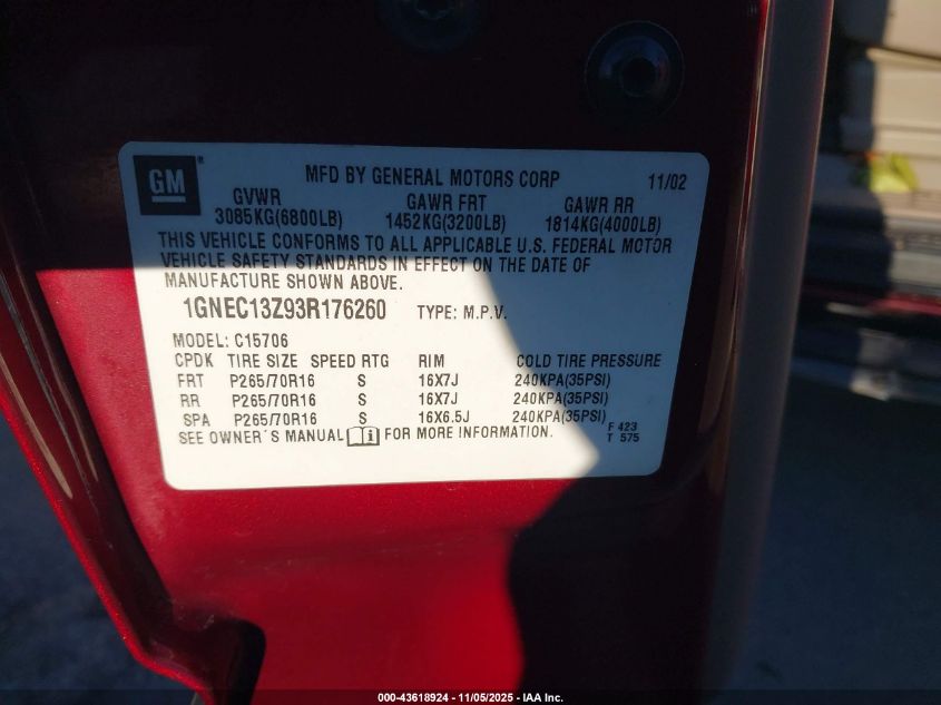 2003 Chevrolet Tahoe Ls VIN: 1GNEC13Z93R176260 Lot: 43618924