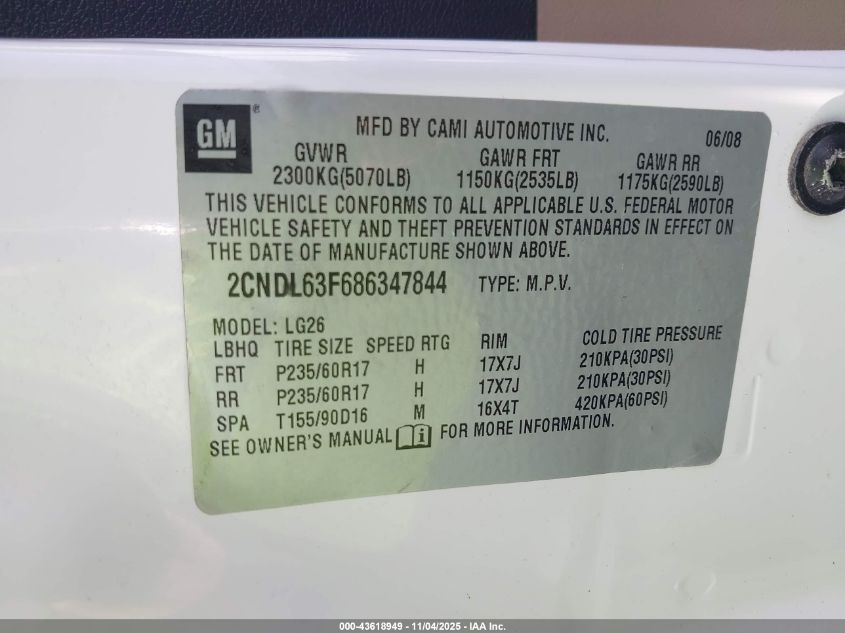 2008 Chevrolet Equinox Lt VIN: 2CNDL63F686347844 Lot: 43618949