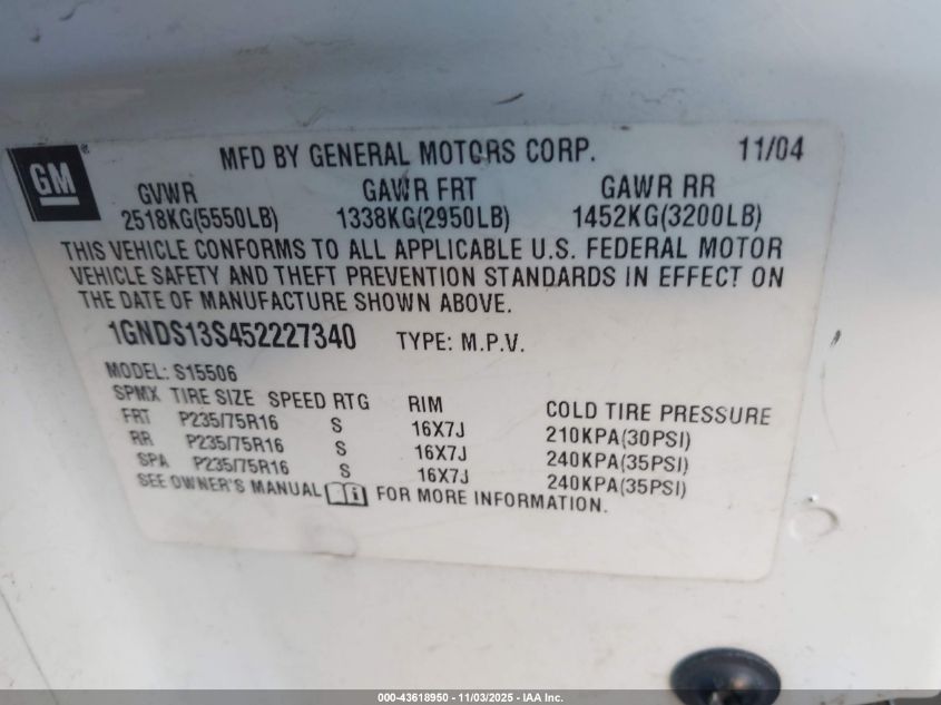 2005 Chevrolet Trailblazer Ls VIN: 1GNDS13S452227340 Lot: 43618950