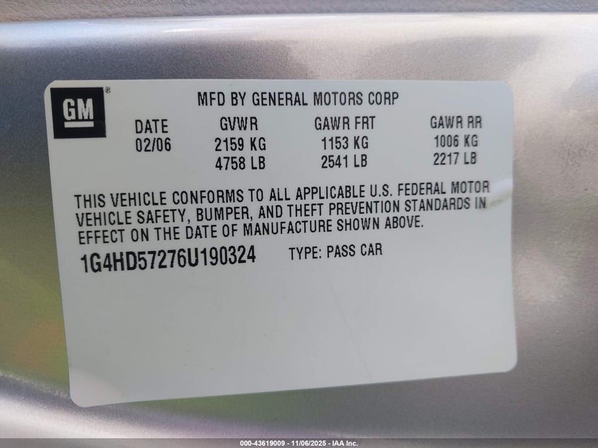 2006 Buick Lucerne Cxl VIN: 1G4HD57276U190324 Lot: 43619009