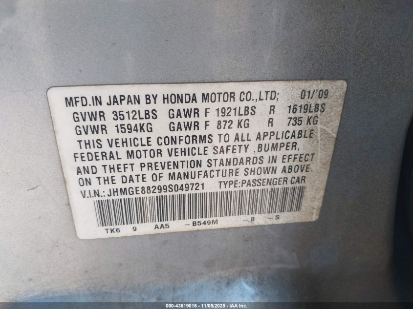 2009 Honda Fit VIN: JHMGE88299S049721 Lot: 43619016