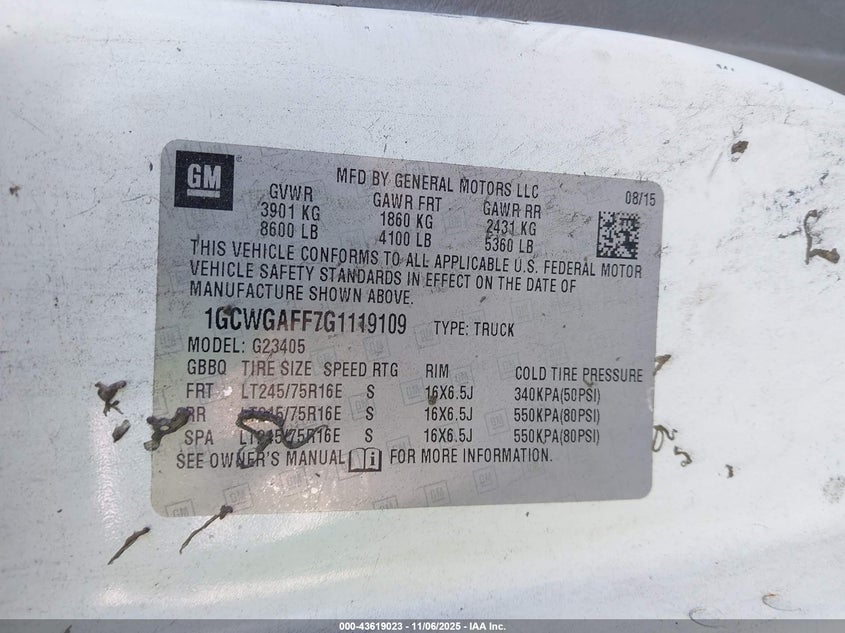 2016 CHEVROLET EXPRESS 2500 WORK VAN - 1GCWGAFF7G1119109