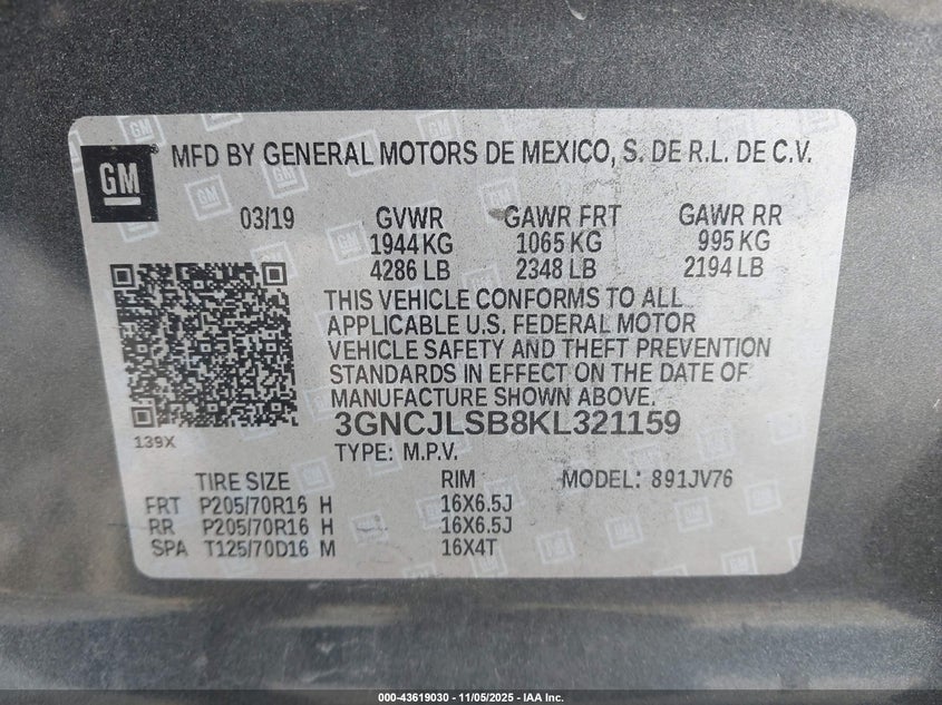 2019 CHEVROLET TRAX LT 3GNCJLSB8KL321159