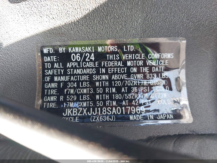2025 Kawasaki Zx636 K VIN: JKBZXJJ18SA017969 Lot: 43619038