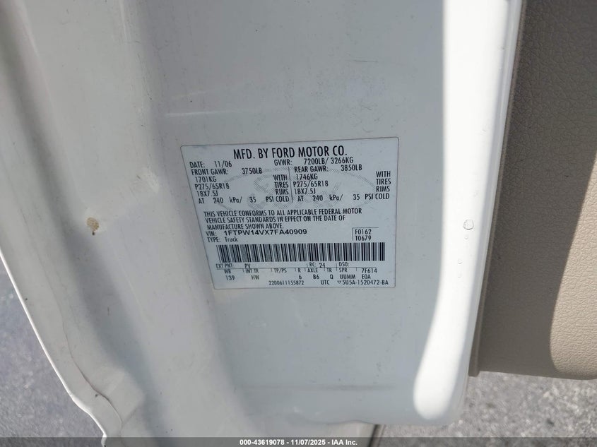 1FTPW14VX7FA40909 2007 FORD F-150 photo no. 9