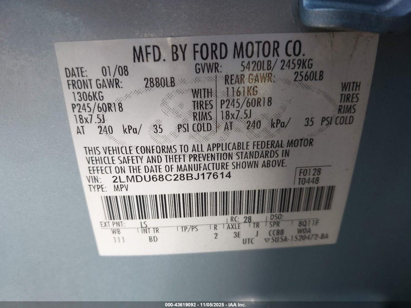 2008 Lincoln Mkx VIN: 2LMDU68C28BJ17614 Lot: 43619092