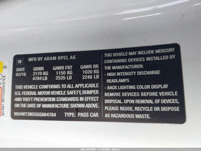 2016 Buick Cascada Premium VIN: W04WT3N55GG064764 Lot: 43619093