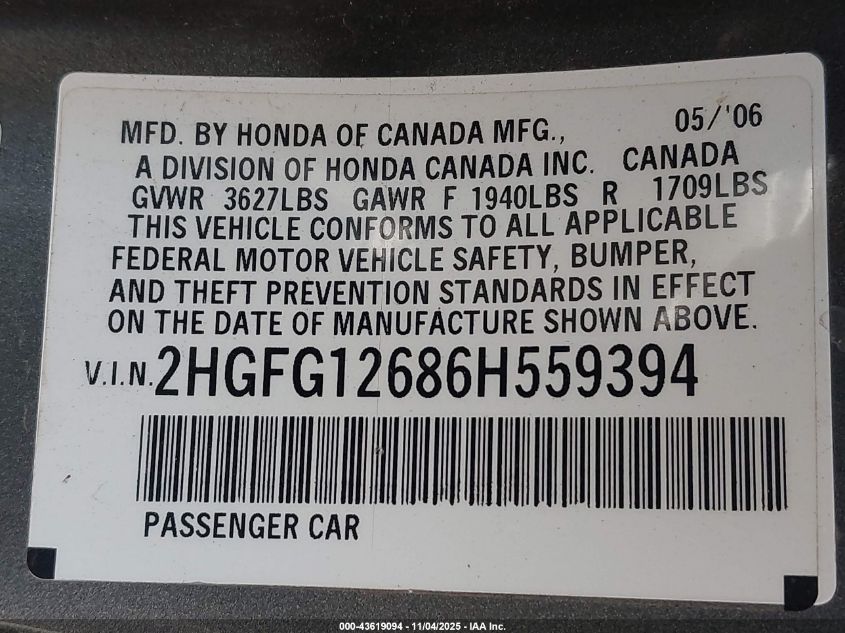 2006 Honda Civic Lx VIN: 2HGFG12686H559394 Lot: 43619094