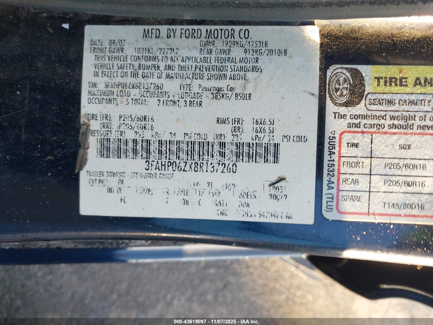 2008 Ford Fusion S VIN: 3FAHP06ZX8R137260 Lot: 43619097