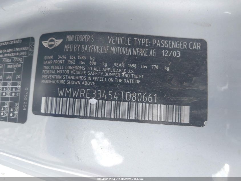 2004 Mini Cooper S VIN: WMWRE33454TD80661 Lot: 43619104