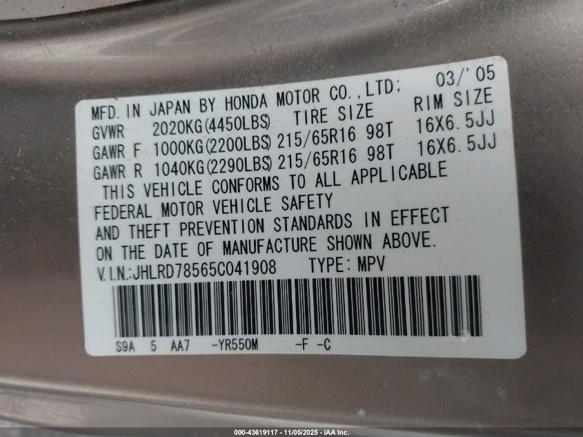 2005 Honda Cr-V Lx VIN: JHLRD78565C041908 Lot: 43619117