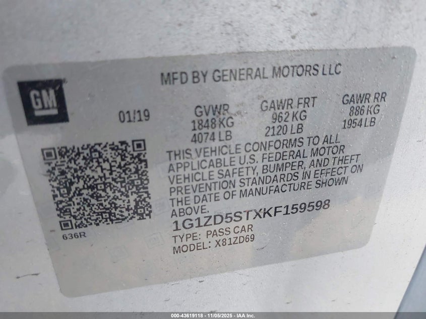 2019 CHEVROLET MALIBU LT 1G1ZD5STXKF159598