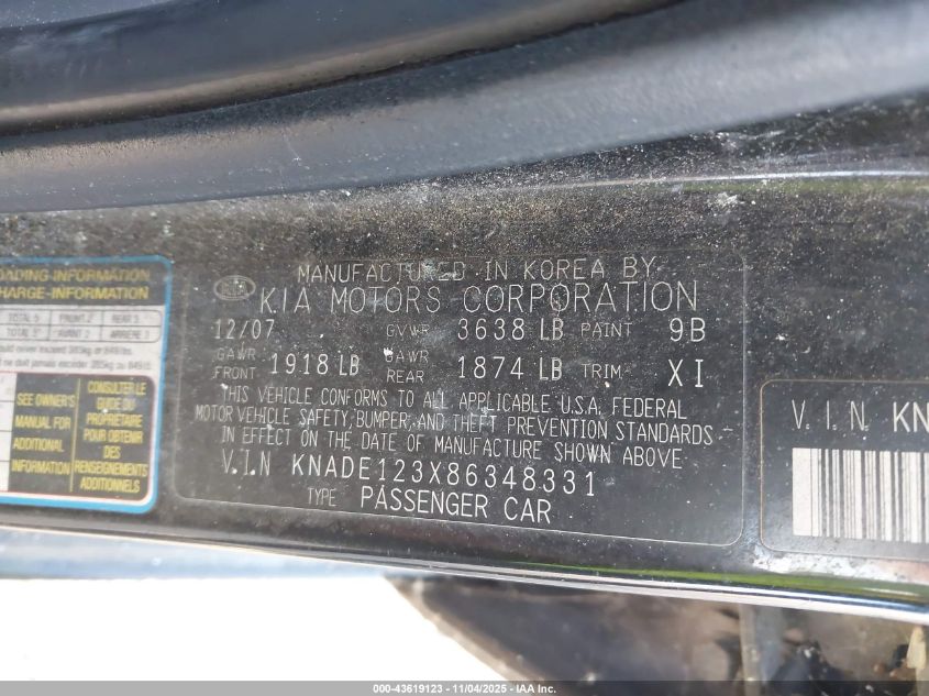 2008 Kia Rio VIN: KNADE123X86348331 Lot: 43619123