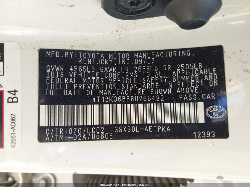 2008 Toyota Avalon Limited VIN: 4T1BK36B58U266482 Lot: 43619127