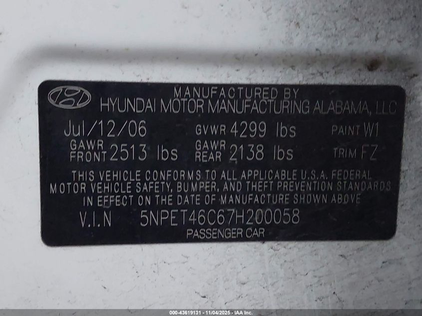 2007 Hyundai Sonata Gls VIN: 5NPET46C67H200058 Lot: 43619131