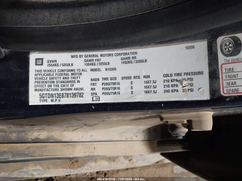 2007 Hummer H3 Suv VIN: 5GTDN13E878139782 Lot: 43619136