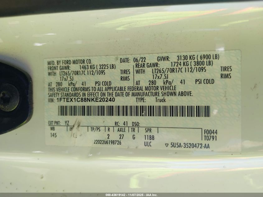 2022 Ford F-150 Xl VIN: 1FTEX1C88NKE20240 Lot: 43619142