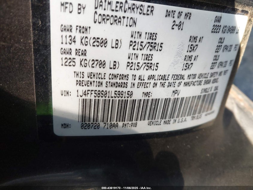 2001 Jeep Cherokee Classic/Limited VIN: 1J4FF58S01L599150 Lot: 43619170