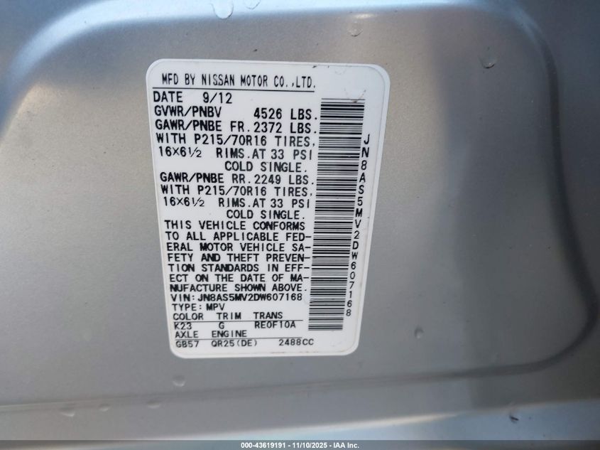 2013 Nissan Rogue S VIN: JN8AS5MV2DW607168 Lot: 43619191