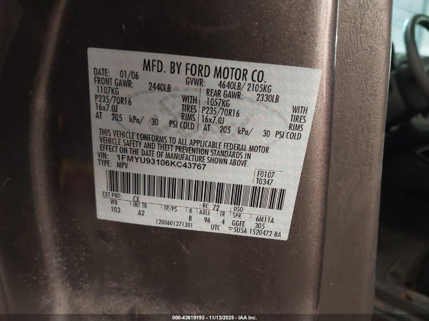 2006 Ford Escape Xlt/Xlt Sport VIN: 1FMYU93106KC43767 Lot: 43619193