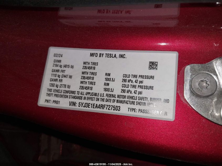 2024 Tesla Model 3 VIN: 5YJ3E1EA4RF727503 Lot: 43619195