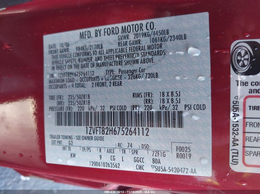 2007 Ford Mustang Gt Deluxe/Gt Premium VIN: 1ZVFT82H675264112 Lot: 43619213