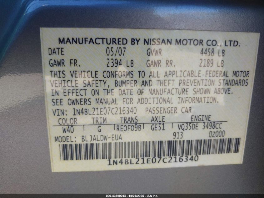 2007 Nissan Altima 3.5 Se VIN: 1N4BL21E07C216340 Lot: 43619214