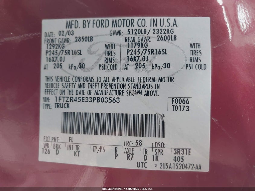 2003 Ford Ranger Edge/Xlt VIN: 1FTZR45E33PB03563 Lot: 43619226
