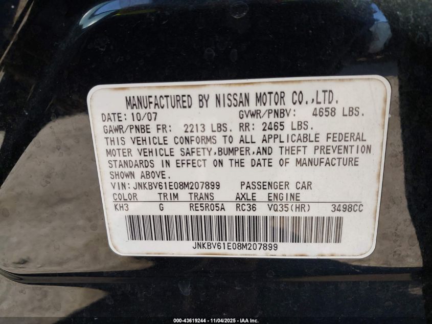 2008 Infiniti G35 Journey VIN: JNKBV61E08M207899 Lot: 43619244