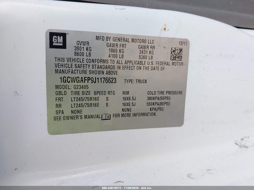 2018 CHEVROLET EXPRESS 2500 WORK VAN 1GCWGAFP9J1176623