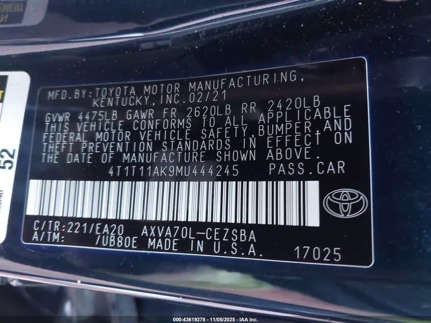 2021 TOYOTA CAMRY SE - 4T1T11AK9MU444245