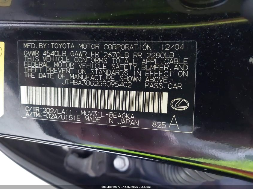 2005 Lexus Es 330 VIN: JTHBA30G255095402 Lot: 43619277