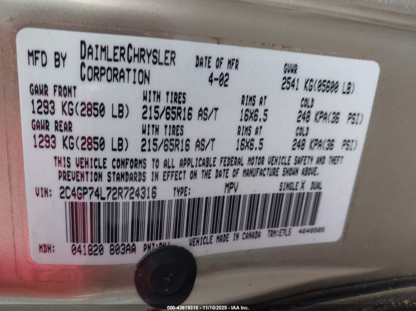 2002 Chrysler Town & Country Ex VIN: 2C4GP74L72R724316 Lot: 43619318