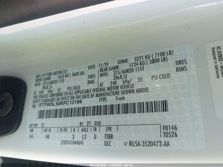 2024 FORD F-150 LARIAT 1FTFW5L50RFC13196