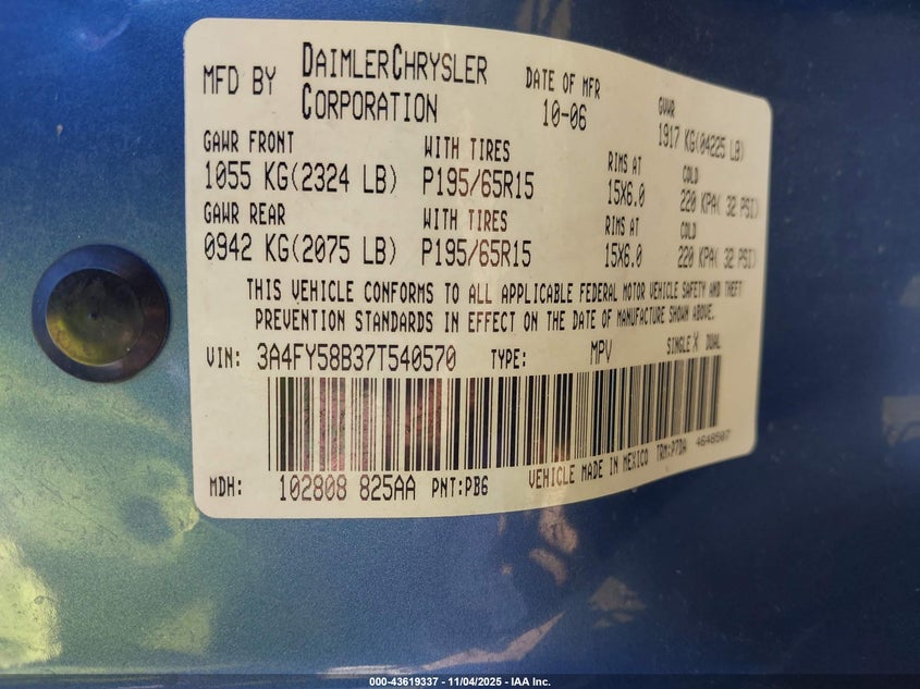 3A4FY58B37T540570 2007 CHRYSLER PT CRUISER photo no. 9