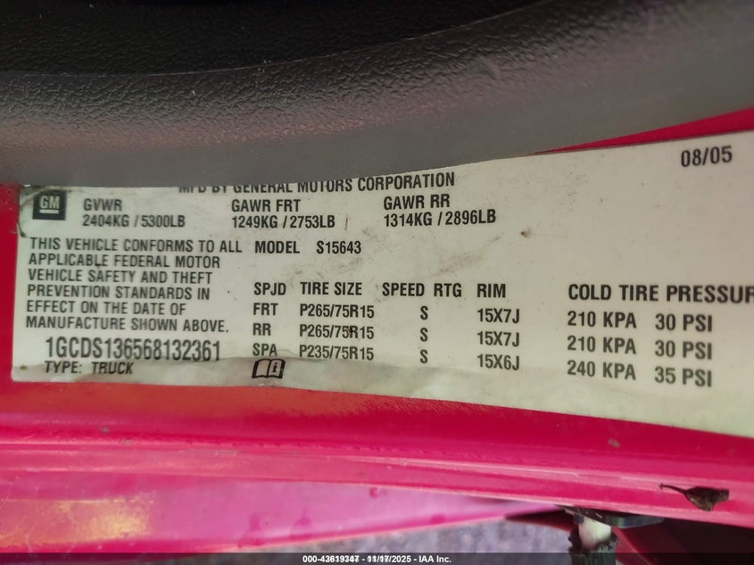 2006 Chevrolet Colorado Lt VIN: 1GCDS136568132361 Lot: 43619347