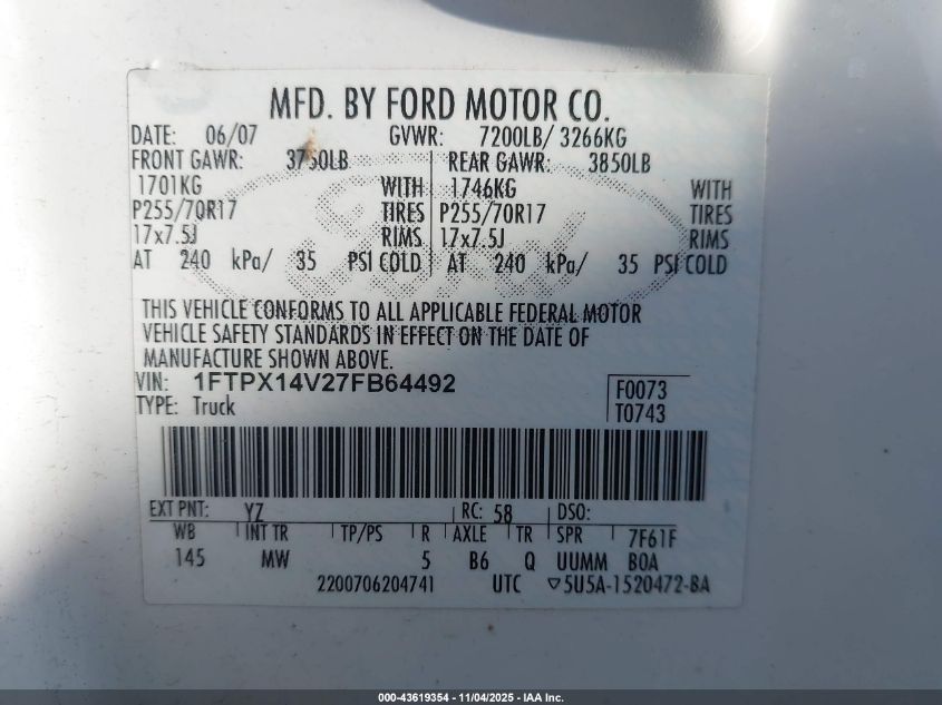2007 Ford F-150 Fx4/Lariat/Xl/Xlt VIN: 1FTPX14V27FB64492 Lot: 43619354