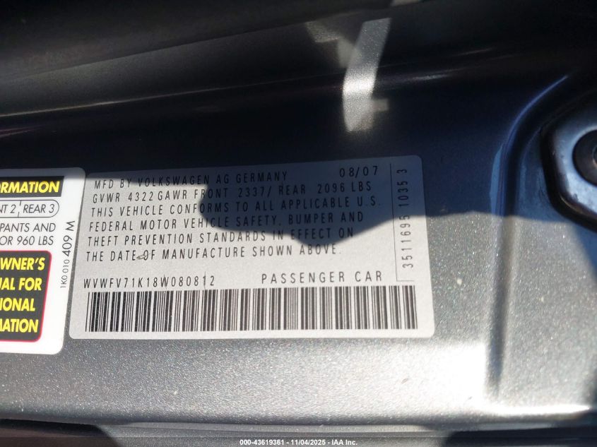 2008 Volkswagen Gti 2-Door/2-Door (A6) (Eop Cw 21/08) VIN: WVWFV71K18W080812 Lot: 43619361