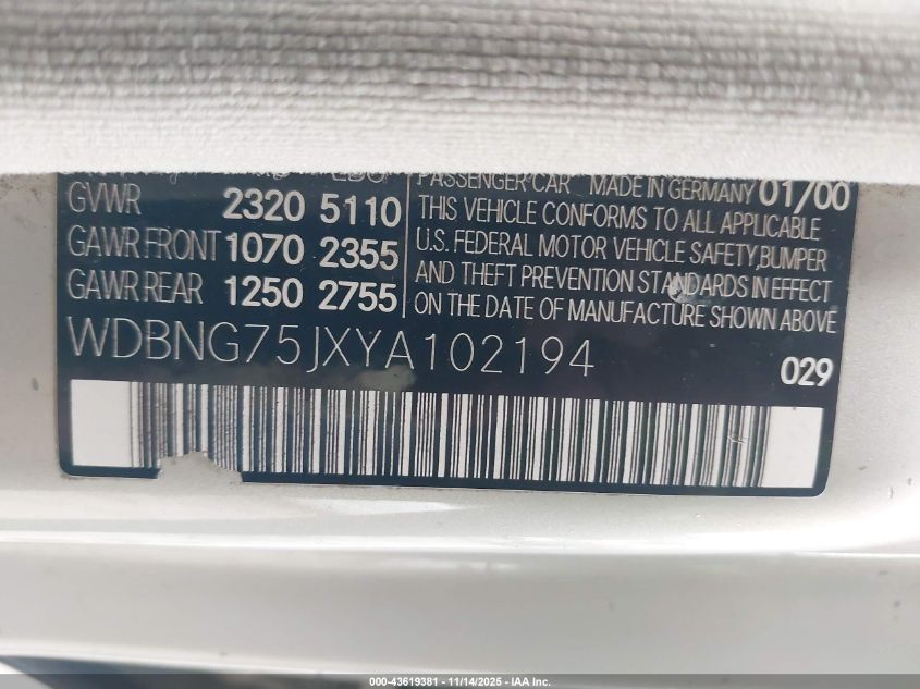 2000 Mercedes-Benz S 500 VIN: WDBNG75JXYA102194 Lot: 43619381