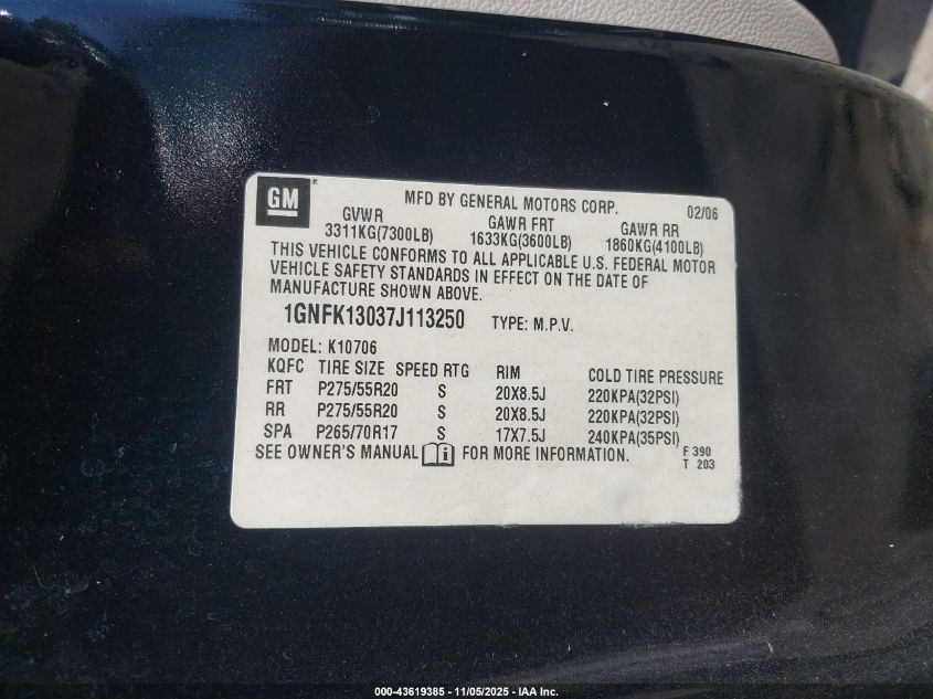 2007 Chevrolet Tahoe Ltz VIN: 1GNFK13037J113250 Lot: 43619385