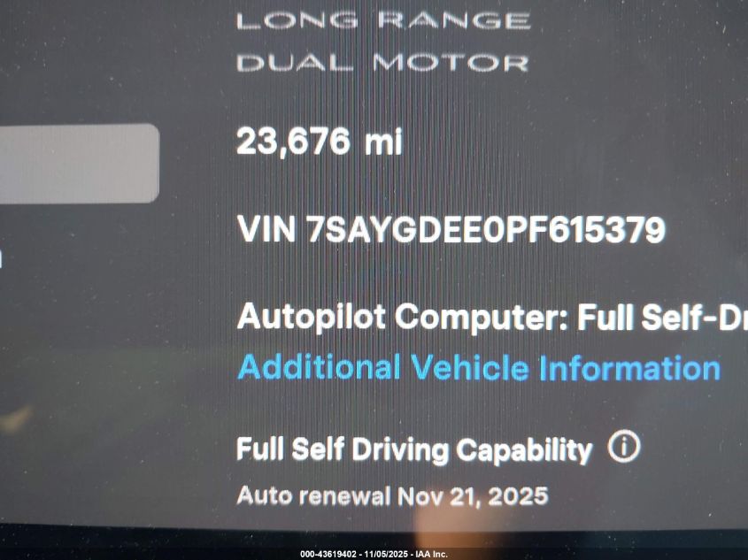 2023 Tesla Model Y Awd/Long Range Dual Motor All-Wheel Drive VIN: 7SAYGDEE0PF615379 Lot: 43619402