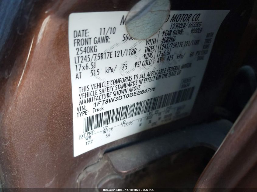 2011 Ford F-350 Lariat VIN: 1FT8W3DT0BEB64796 Lot: 43619406