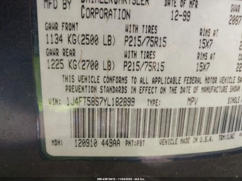 2000 Jeep Cherokee Classic VIN: 1J4FT58S7YL182899 Lot: 43619410