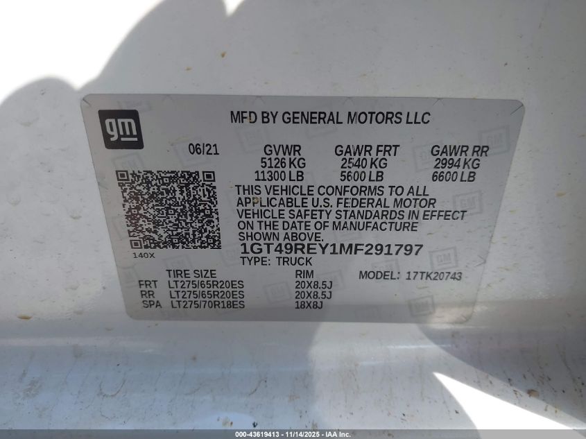 2021 GMC Sierra 2500Hd 4Wd Standard Bed Denali VIN: 1GT49REY1MF291797 Lot: 43619413