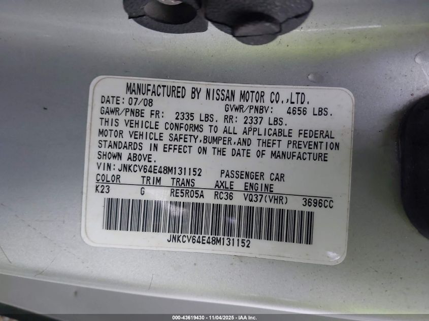 2008 Infiniti G37 Journey VIN: JNKCV64E48M131152 Lot: 43619430