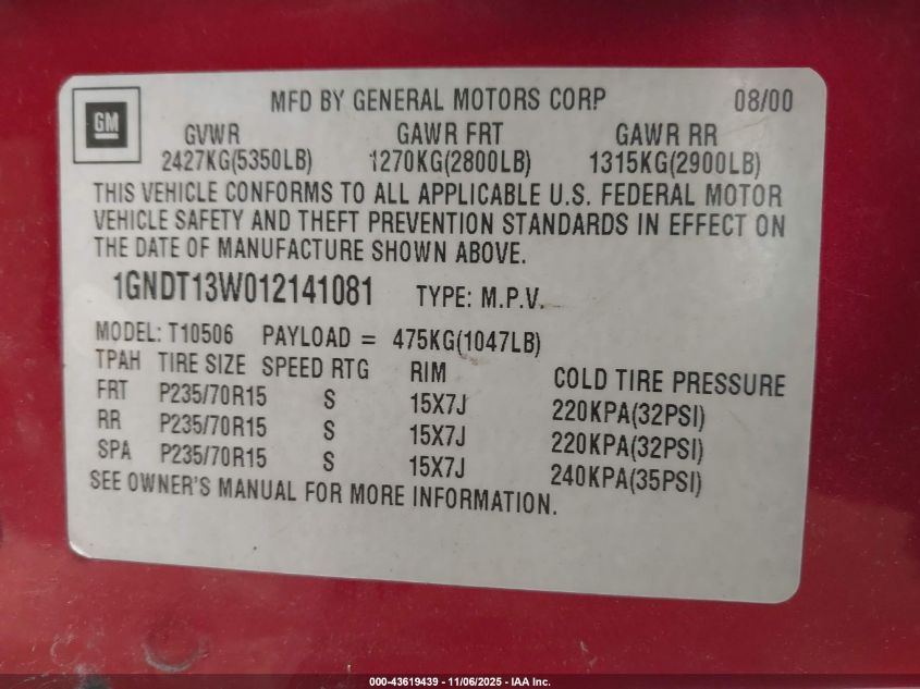 2001 Chevrolet Blazer Lt VIN: 1GNDT13W012141081 Lot: 43619439