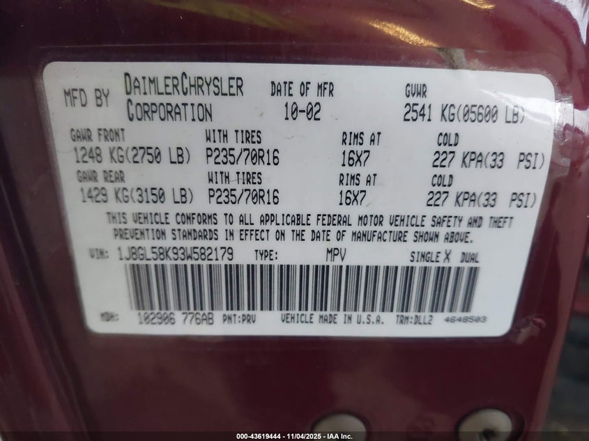 1J8GL58K93W582179 2003 JEEP LIBERTY (NORTH AMERICA) photo no. 9