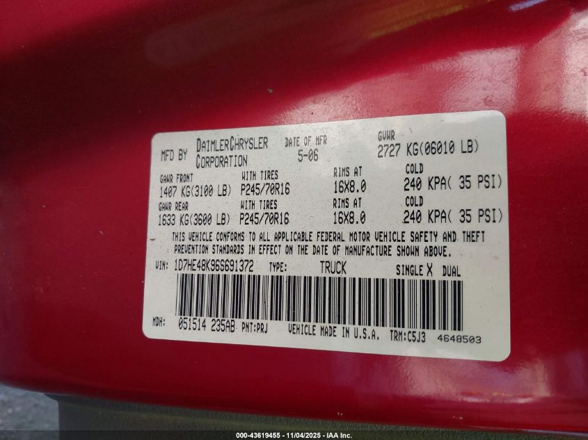 2006 Dodge Dakota Slt VIN: 1D7HE48K96S691372 Lot: 43619455